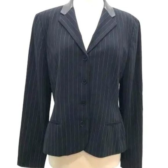 Ralph Lauren Black Pinstripe Wool Blazer Leather Collar Size 12 Made in U.S.A. - Picture 11 of 11